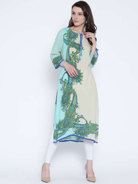 Shree Women Beige & Blue Printed Straight Kurta available at myntra for Rs.399