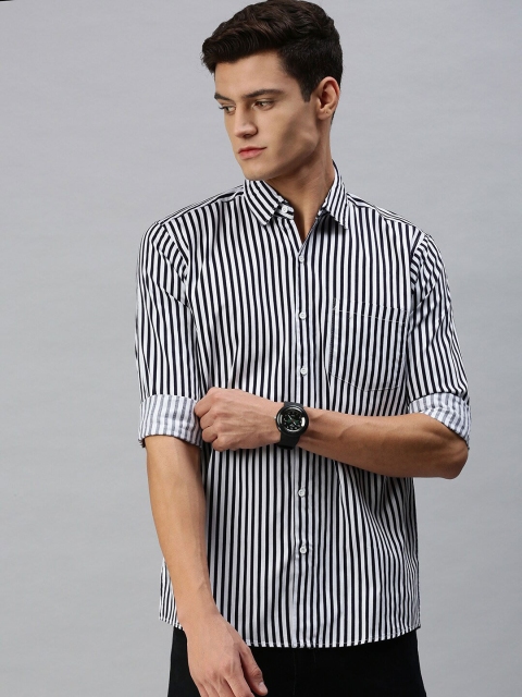 

PEPPYZONE Men Navy Blue Standard Striped Casual Shirt