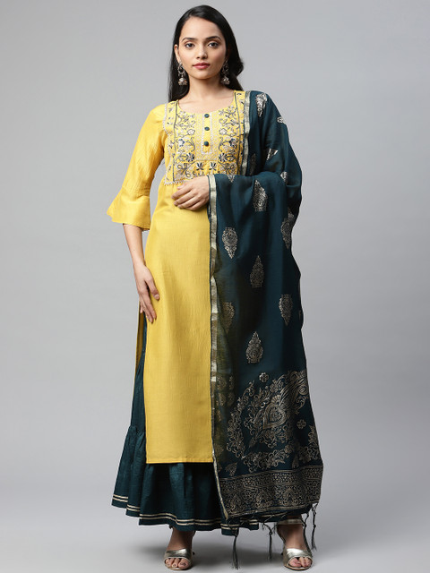 

V TRADITION Women Yellow Yoke Design Chanderi Silk Kurta with Sharara & With Dupatta