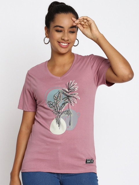 

abof Women Purple Printed V-Neck Tropical T-shirt