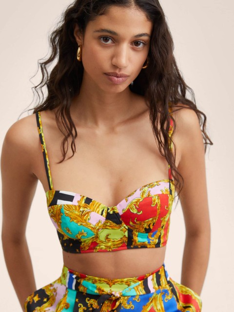 

MANGO Multicoloured Satin Finish Printed Bralette Crop Top, Multi
