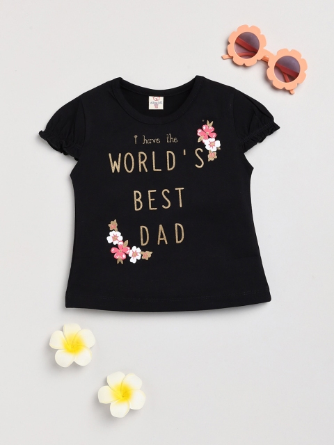 

Olio Kids Girls Black Typography Printed Drop-Shoulder Sleeves Applique T-shirt