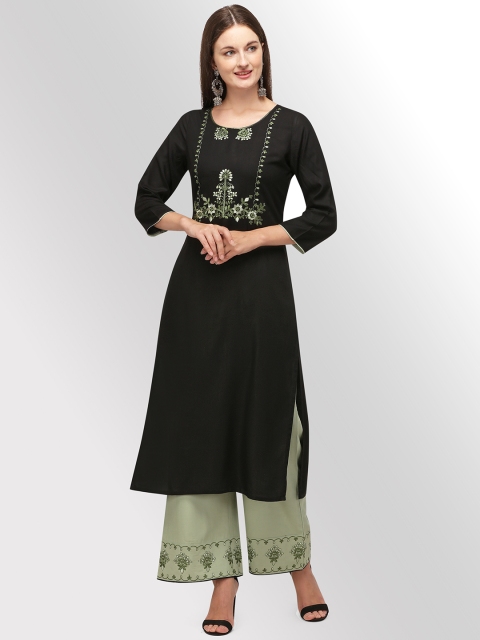 

Shopping Queen Women Black Floral Embroidered Kurti with Palazzos