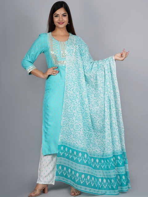 

NITVAN Women Turquoise Blue Floral Pleated Sequinned Kurti with Skirt & With Dupatta