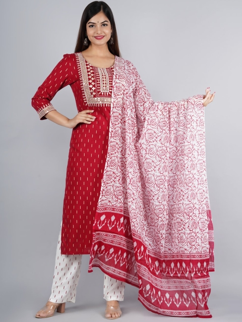 

NITVAN Women Maroon Ethnic Motifs Printed Layered Sequinned Kurti with Palazzos & With Dupatta