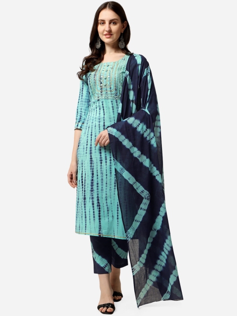 

MIRCHI FASHION Women Turquoise Blue Striped Pleated Sequinned Kurti with Trousers & With Dupatta