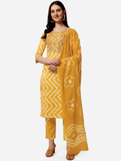 

MIRCHI FASHION Women Mustard Yellow Ethnic Motifs Printed Angrakha Zardozi Kurta with Trousers & With