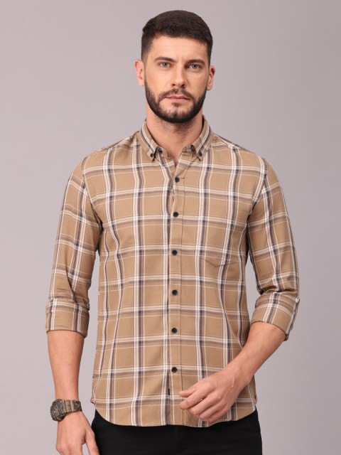 

FOGA Men Cream-Coloured Classic Slim Fit Checked Casual Shirt
