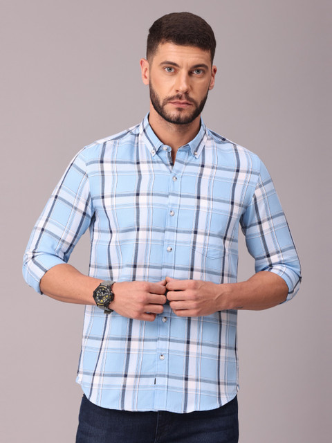 

FOGA Men Blue Classic Slim Fit Windowpane Checks Checked Casual Shirt