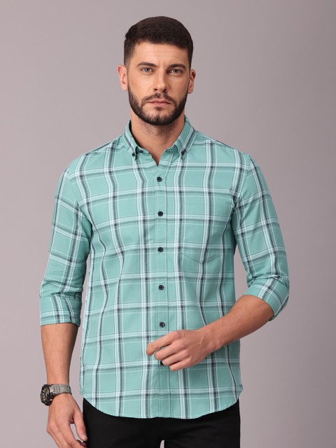 

FOGA Men Green Classic Slim Fit Windowpane Checks Checked Casual Shirt