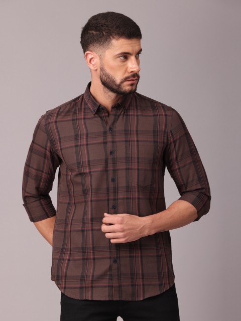 

FOGA Men Brown Classic Slim Fit Tartan Checks Checked Casual Shirt