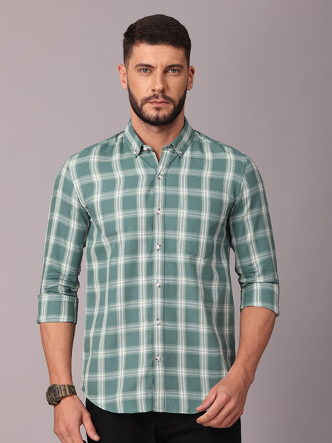 

FOGA Men Green Classic Slim Fit Checked Casual Shirt