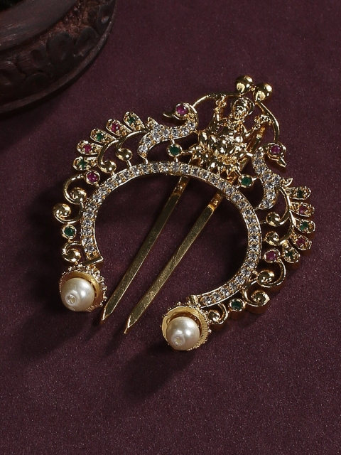 

justpeachy Gold-Plated White & Pink Stone-Studded & Beaded Bun Pin