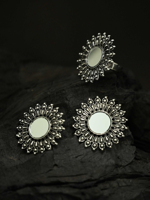 

justpeachy Silver-Plated White Stone-Studded Oxidised Jewellery Set