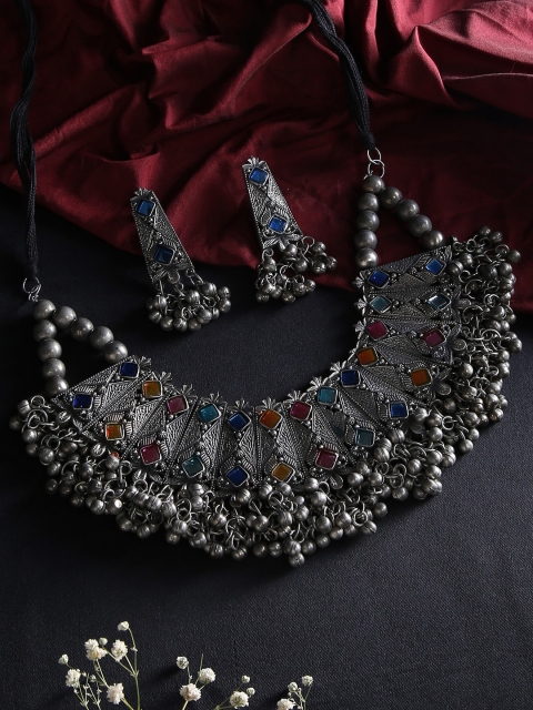

justpeachy Oxidised Silver-Plated Blue & Pink Stone-Studded Jewellery Set