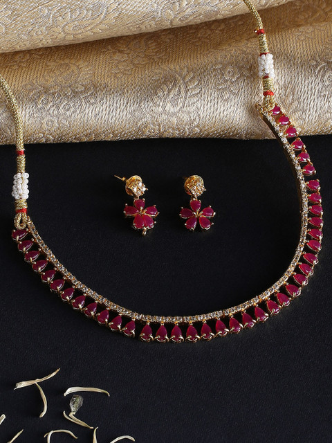 

justpeachy Gold-Plated Pink Stone-Studded Choker Set