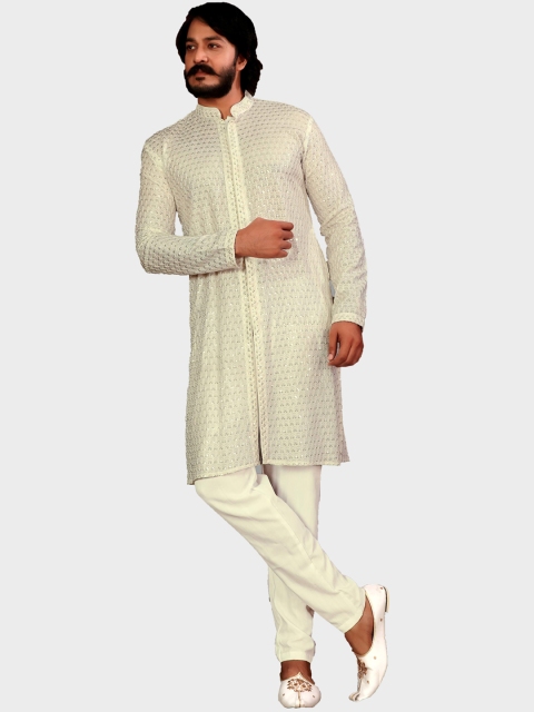 

amzira Men White Embroidered Kurta with Churidar