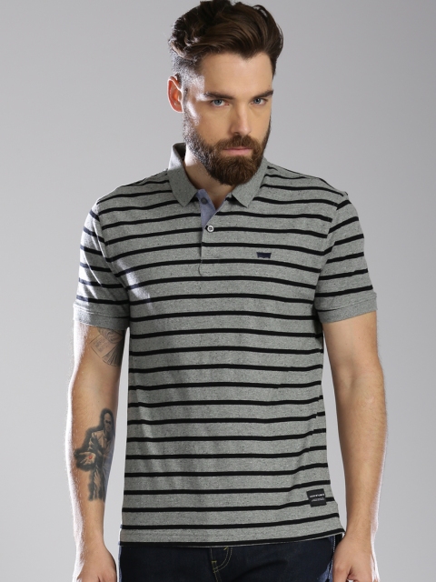 

Levis Men Grey & Black Striped Polo Collar T-shirt