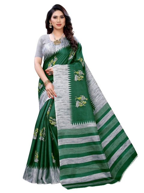 

Iris Green & Silver-Toned Ethnic Motifs Print Coloublocked Art Silk Banarasi Saree