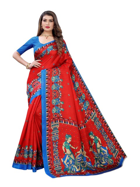

Iris Red & Blue Floral Print Art Silk Banarasi Saree