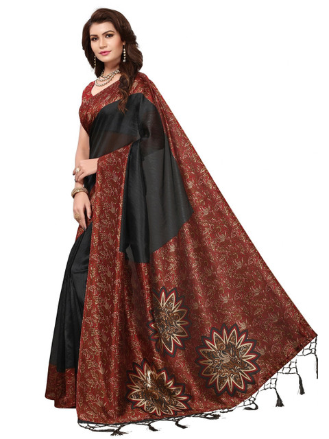 

Iris Black & Maroon Floral Printed Banarasi Saree