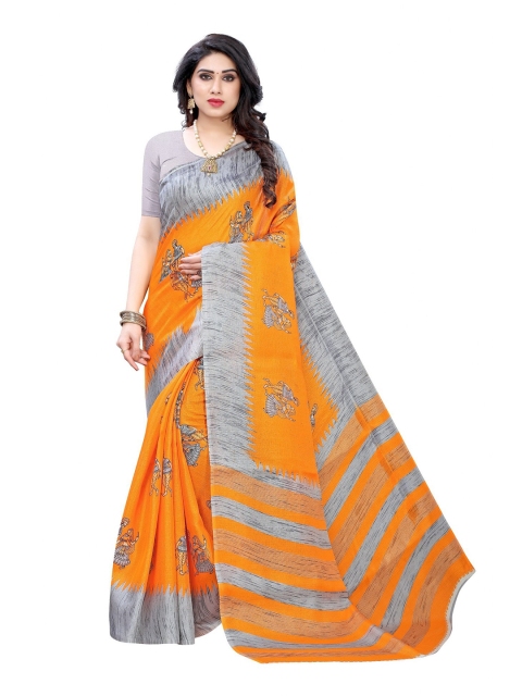 

Iris Orange & Grey Ethnic Motifs Printed Art Silk Banarasi Saree