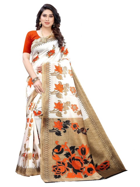 

Iris Orange & White Floral Art Silk Banarasi Saree