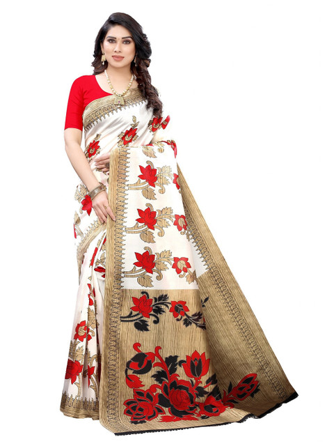 

Iris Red & Tan Floral Printed Banarasi Saree