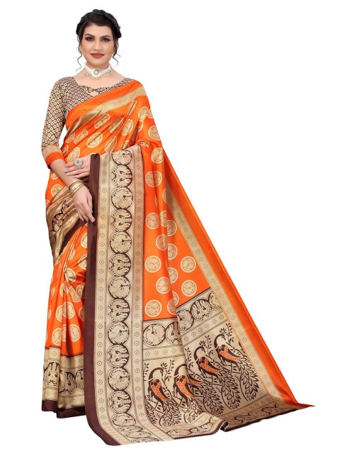 

Iris Orange & Brown Printed Cotton Silk Banarasi Saree