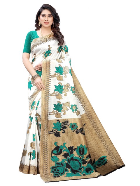 

Iris White & Green Floral Banarasi Saree