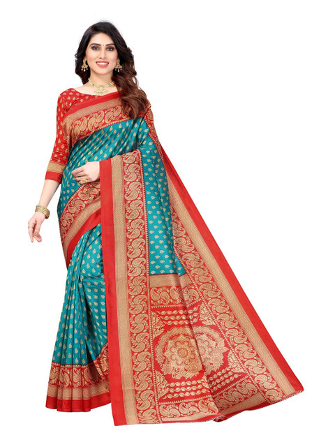 

Iris Teal & Red Paisley Printed Art Silk Banarasi Saree