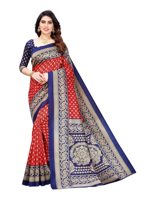 

Iris Red & Navy Blue Ethnic Motifs Art Silk Banarasi Saree