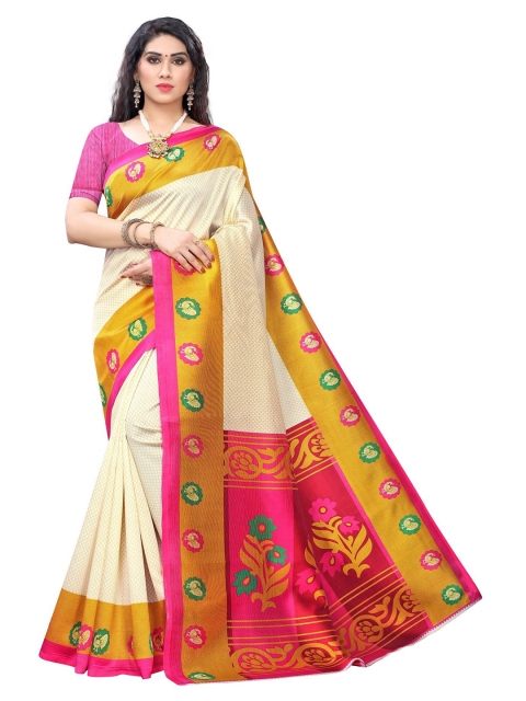

Iris Cream-Coloured & Pink Art Silk Banarasi Saree