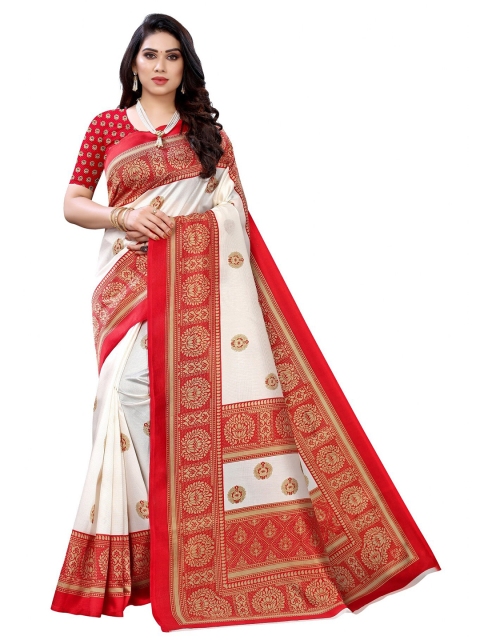 

Iris Red & White Floral Art Silk Banarasi Saree