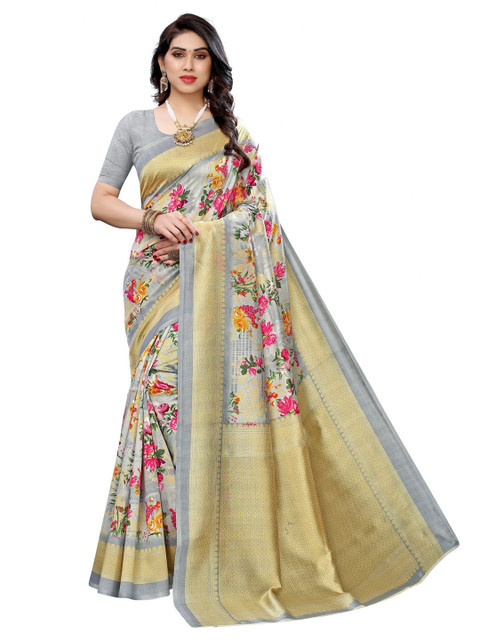 

Iris Grey & Gold-Toned Floral Printed Banarasi Saree