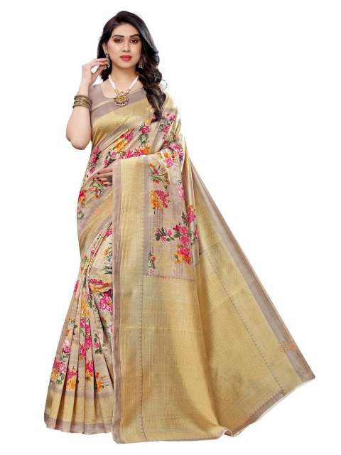 

Iris Mustard & Pink Floral Printed Art Silk Banarasi Saree