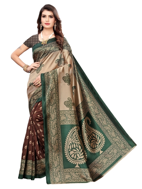 

Iris Brown & Green Paisley Printed Art Silk Banarasi Saree