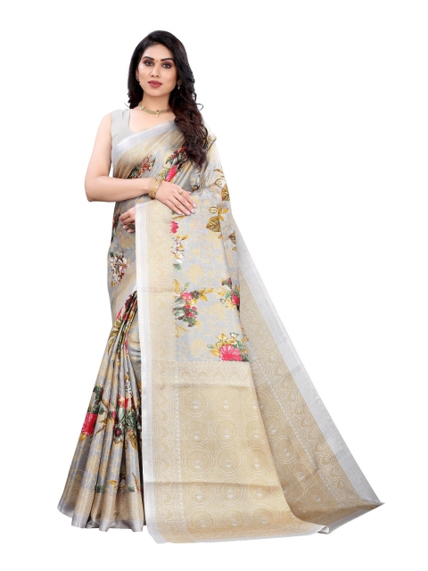 

Iris Grey & Gold-Toned Floral Art Silk Banarasi Saree