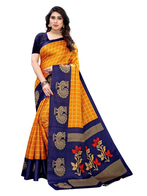 

Iris Orange & Blue Floral Art Silk Banarasi Saree