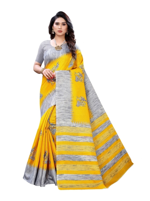 

Iris Yellow & Grey Floral Art Silk Banarasi Saree