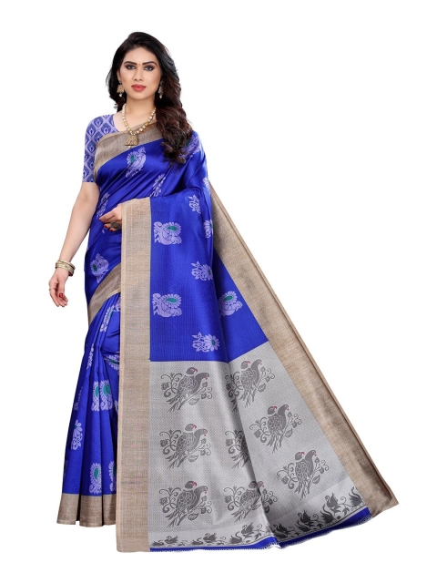 

Iris Blue & Silver-Toned Floral Art Silk Banarasi Saree