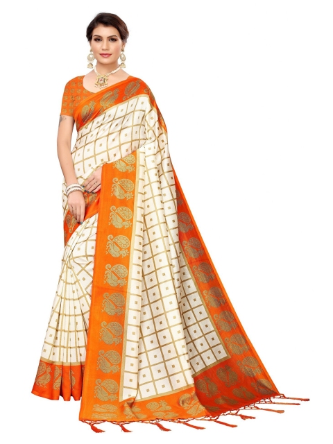 

Iris Orange & White Checked Art Silk Banarasi Saree
