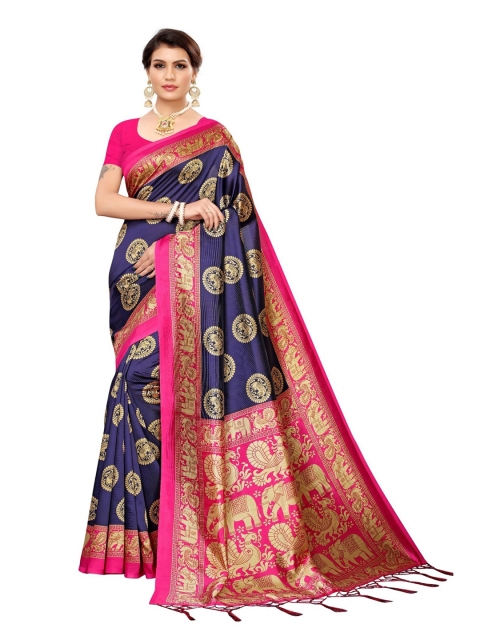 

Iris Navy Blue & Pink Ethnic Motifs Woven Design Art Silk Banarasi Saree