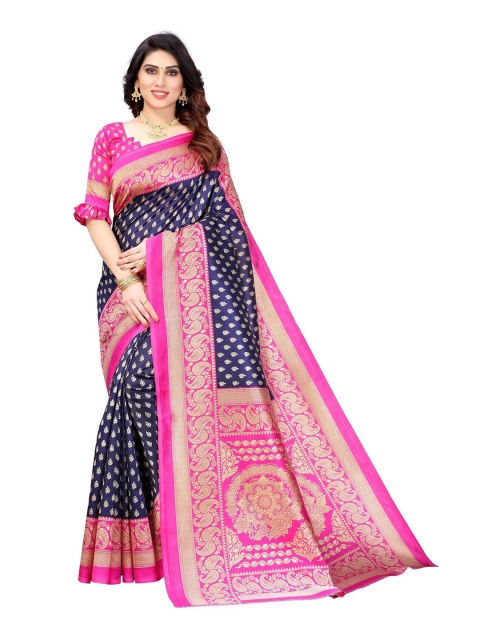 

Iris Navy Blue & Pink Ethnic Motifs Art Silk Banarasi Saree