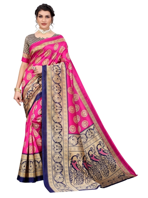 

Iris Pink & Navy Blue Ethnic Motifs Banarasi Saree