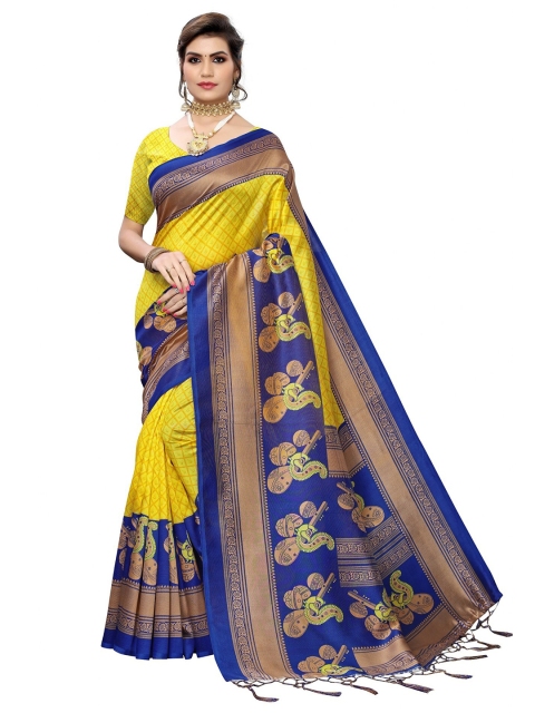 

Iris Yellow & Navy Blue Ethnic Motifs Art Silk Banarasi Saree