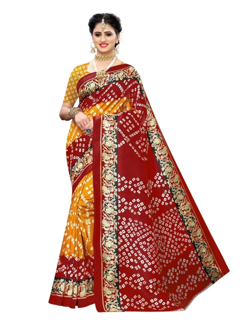 

Iris Red & Yellow Bandhani Cotton Silk Banarasi Saree