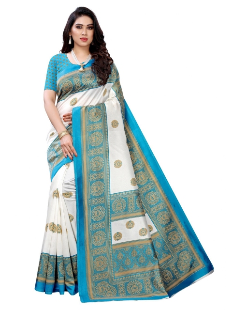 

Iris Teal & White Ethnic Motifs Art Silk Banarasi Saree