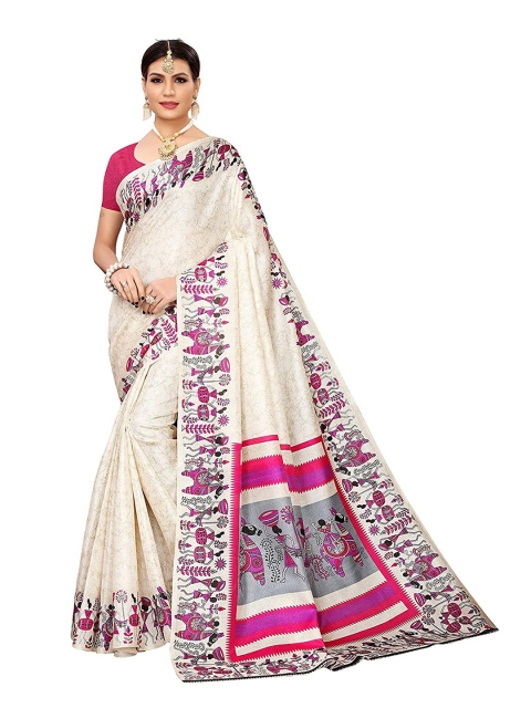 

Iris Pink & Off White Ethnic Motifs Art Silk Banarasi Saree