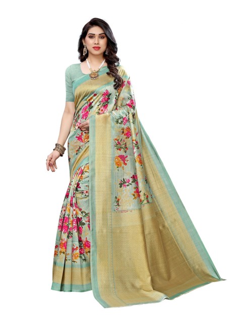 

Iris Green & Pink Floral Art Silk Banarasi Saree